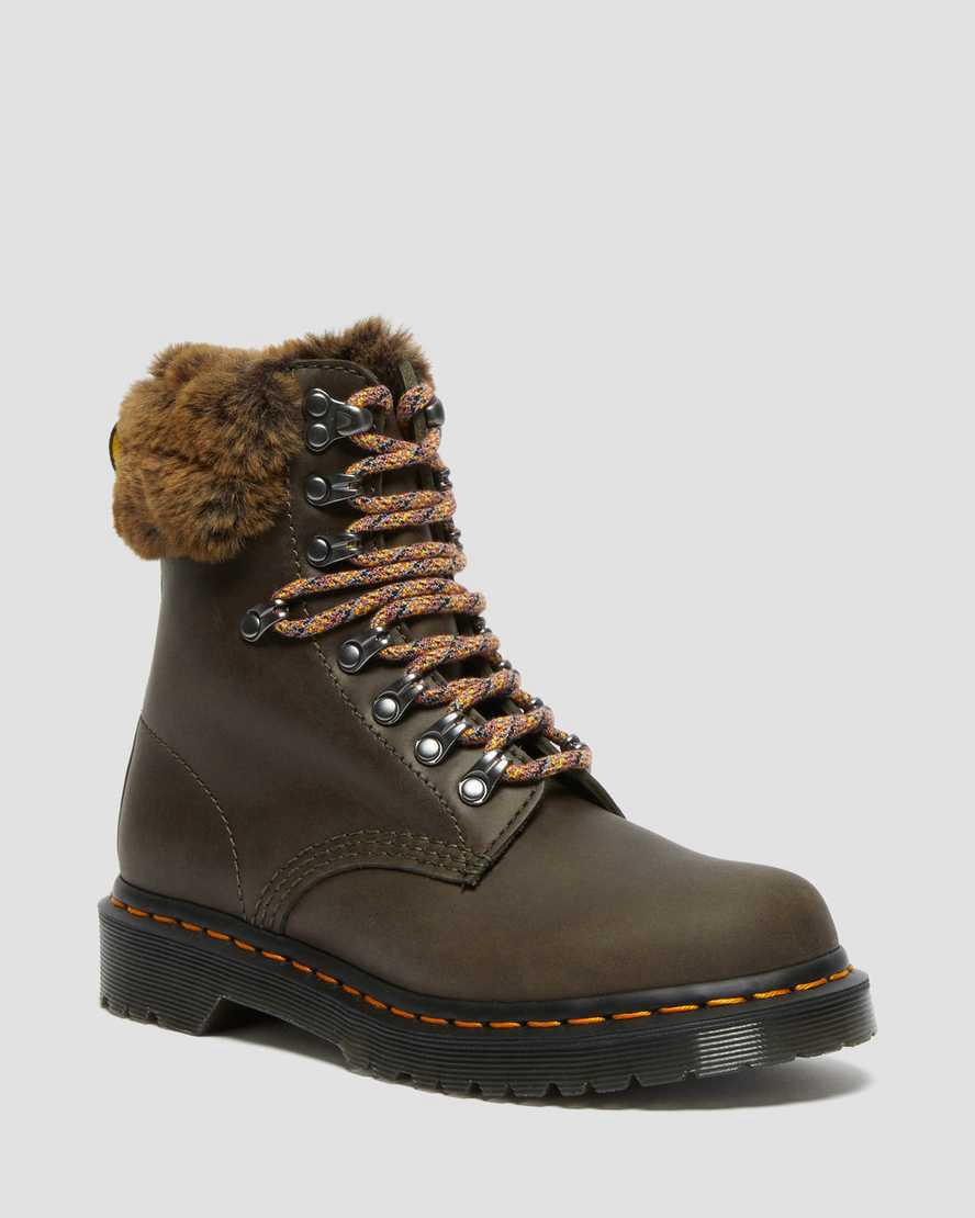 Dr Martens 1460 Serena Collar Faux Fur Astar Dantel Up Kadın Bilek Boy Bot Gri Türkiye | 29106-AEMX