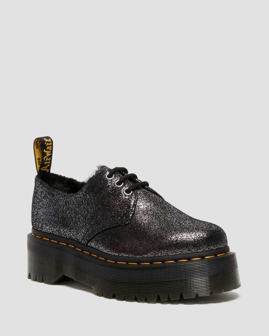 Dr Martens 1461 Faux Fur-Astar Metallic Deri Platform Kadın Oxford Ayakkabı Siyah Türkiye | 24697-GLEF