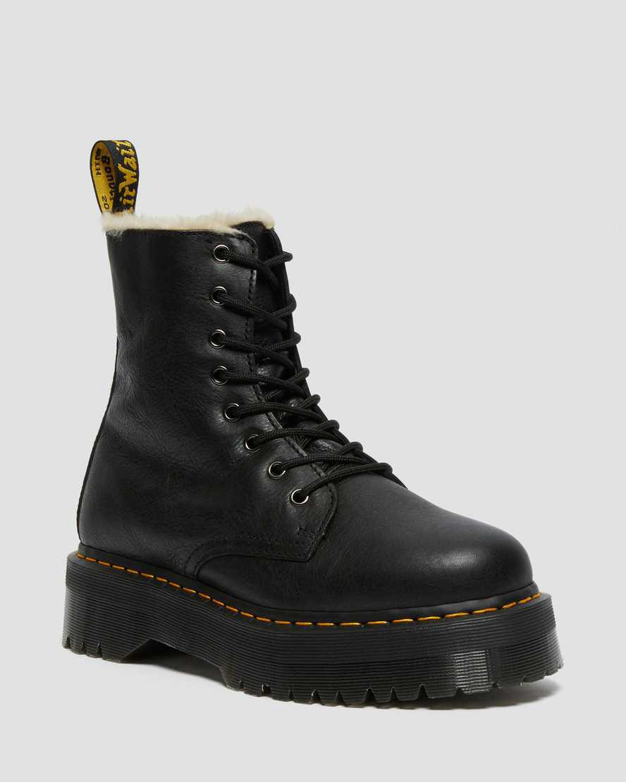 Dr Martens Jadon Boot Deri Faux Fur Astar Platforms Kadın Bilek Boy Bot Siyah Türkiye | 32451-DOPR