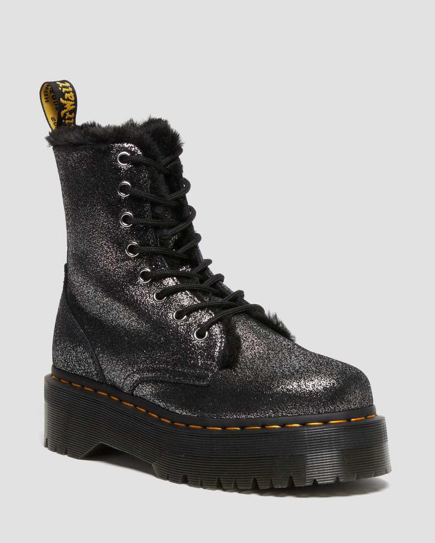 Dr Martens Jadon Boot Faux Fur-Astar Metallic Deri Platforms Kadın Kışlık Botlar Siyah Türkiye | 32849-MLGK