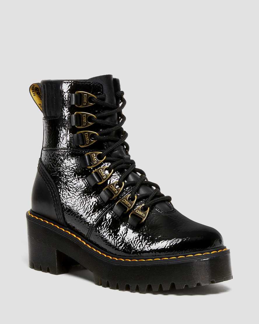 Dr Martens Laurenne Distressed Rugan Deri Dantel Up Heel Kadın Bilek Boy Bot Siyah Türkiye | 61048-TLBO