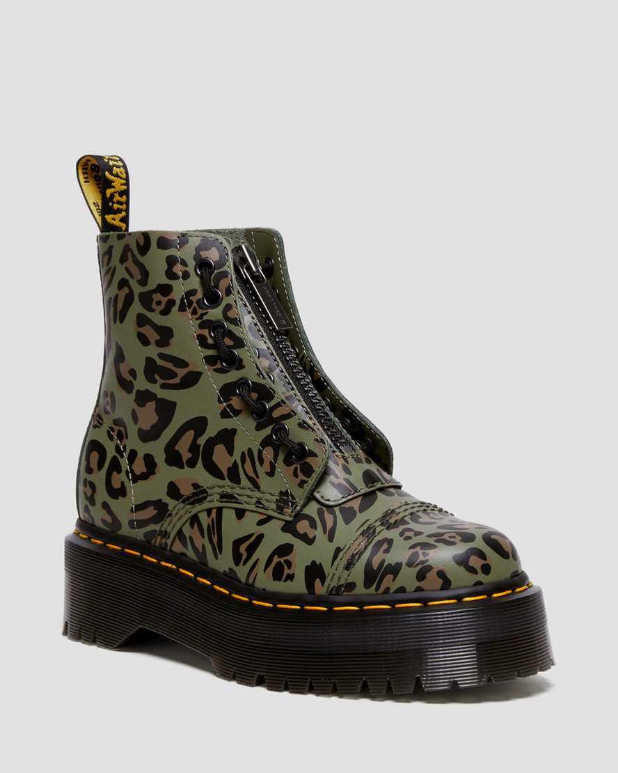 Dr Martens Sinclair Distorted Leopard Print Kadın Kalın Taban Bot Haki Yeşil Türkiye | 85620-KYZE