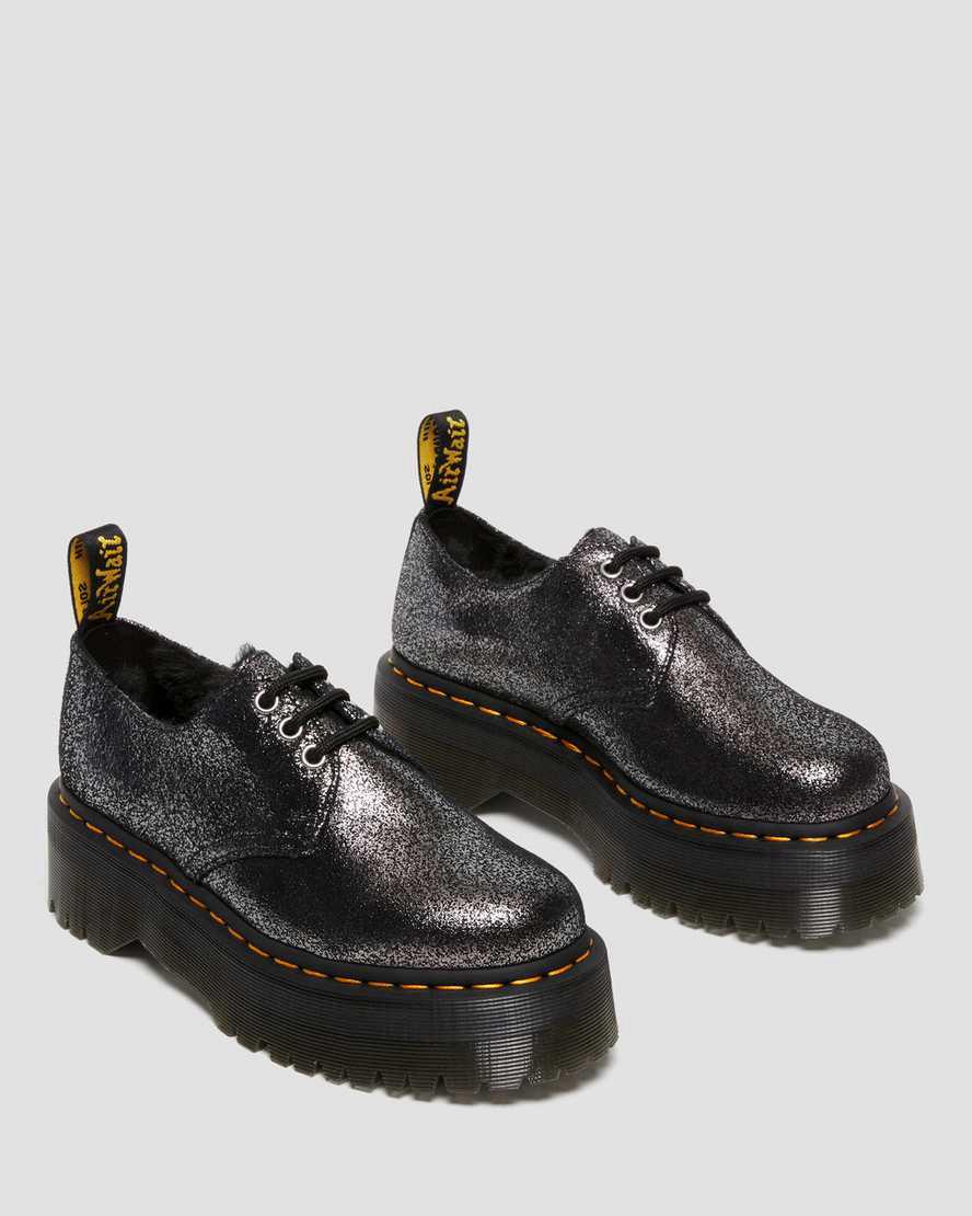 Dr Martens 1461 Faux Fur-Astar Metallic Deri Platform Kadın Kışlık Botlar Siyah  Türkiye |  64809-HZEB